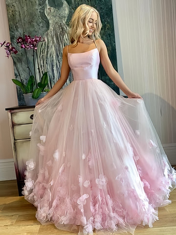 Spaghetti Straps Satin Pink Flower Prom Dress