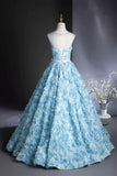 Rose Flower A Line Scoop Print Blue Beading Prom Dress