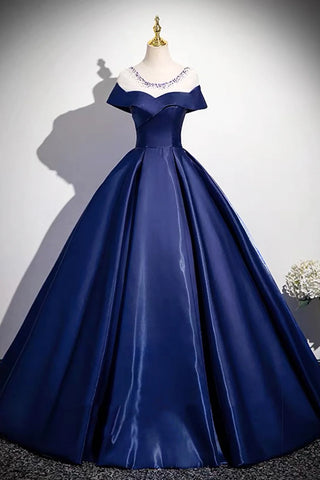 Long Scoop Beading A Line Navy Satin Prom Dress