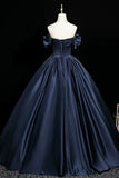 Off-Shoulder Ball Gown Navy Satin Prom Dress With Bow