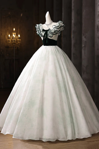 White Tulle & Green Print A Line Prom Dress