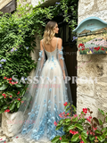 Butterfly Blue Tulle V Neck Pearl A Line Prom Dress With Shawl