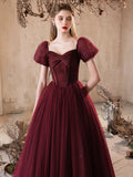 Sparkle Tulle A-Line Short Sleeve Burgundy Prom Dress