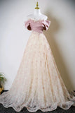 Pink Beading Appliques Off The Shoulder Blushing Prom Dress