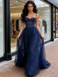 Spaghetti Straps Beading Navy Blue Tulle A Line Prom Dress