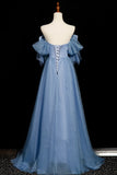 Sweetheart Bow A Line Tulle Blue Prom Dress