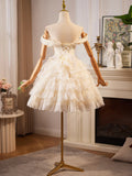 Lace Layer Knee Length Champagne Homecoming Dress