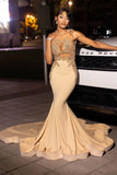 Mermaid Sheer See Through Beading Champagne Prom Dress