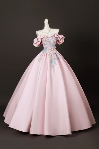Pink Satin Lace Off The Shoulder A Line Prom Dress