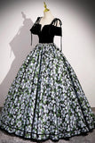 Velvet Floral Print Satin Black Prom Dress