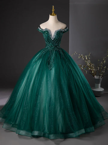 Dark Green Tulle Sequins Long Formal Dress, Retro Off the Shoulder Evening Party Dress US 12 / Dark Green Dark Green Tulle Sequins Long Formal Dress, Retro Off the Shoulder Evening Party Dress US 12 / Dark Green