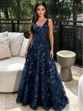 Deep V Neck Navy Blue A Line Lace Prom Dress