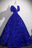 Sequin V Neck Puffy Sleeve Royal Blue Prom Dress