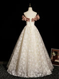 Off Shoulder Tulle Print A Line Champagne Prom Dress