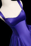 Straps Square A Line Satin Royal Purple Prom Dress