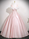Off Shoulder Satin Pink A Line Ruffles Prom Dress