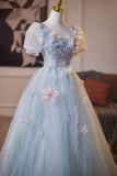 Blue Short Sleeves Square Tulle A Line Floral Prom Dress
