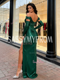 Sequin Trumpet Mermaid Off The Shoulder Champagne Prom Dress With Slit