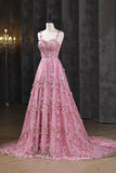 A-Line Spaghetti Straps Pink Applique Tulle Prom Dress