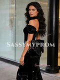 Black Beading Trumpet Mermaid Off The Shoulder Bow Prom Dress
