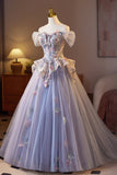 Tulle Floral Appliques Light Purple Off The Shoulder Prom Dress