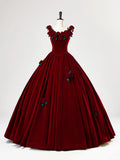 Flower Burgundy A-Line Velvet Long Prom Dress