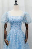 Sparkle Tulle A Line Short Sleeves Blue SnowFlake Prom Dress