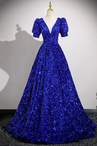 V-Neck Sequins Short Sleeve Royal Blue Prom Dress