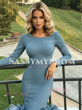 Blue Scoop Long Sleeve Tulle Spandex Ruffles Prom Dress