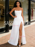 A Line Satin Ruched Green Strapless Prom Dress With Slit