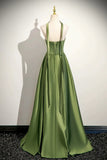 Satin Ruched A Line Green Lace Up Shawl Pom Dress