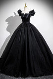 Black A Line Tulle Long Puffy Sleeves Prom Dress