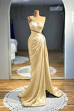 One Shoulder Satin Pleats Crystal Waist Brown Prom Dress