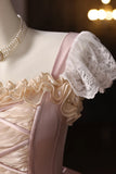 Pink Ball Gown Ruffles Lace Vintage Flower Prom Dress