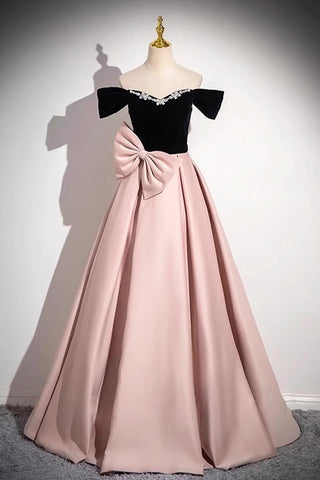 Velvet Beading Pink Satin Bow Black Prom Dress