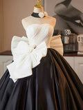 Satin Satin Bow Flower A Line White & Black Prom Dress