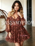 Off The Shoulder Brown Tulle Long Sleeve Lace Homecoming Dress