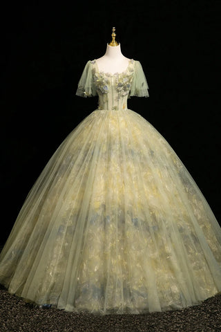 Square Puffy Sleeve Green Ball Gown Tulle Prom Dress