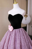 Sweetheart Black Velvet Lavender Flower Prom Dress