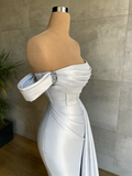 Off The Shoulder Satin Mermaid Champagne Draped Train Prom Dress