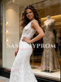 Jewel Trumpet Mermaid Lace Sweep Train Wedding Dress