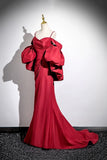 Ruched Trumpet Mermaid Detachable Sleeves Burgundy Satin Prom Dress