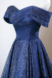 Sequin A Line Off The Shoulder Navy Blue Prom Dress