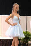 V Neck Light Blue Tulle Princess Homecoming Dress