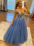 Blue Tulle Lace Up Sequin Sweetheart Prom Dress