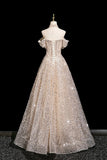 Champagne Tulle Sequins A Line Off The Shoulder Prom Dress