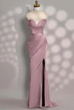 Sweetheart Mermaid Burgundy Satin High Slit Prom Dress