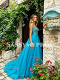 Spaghetti Straps Chiffon Blue Cold Shoulder Beading Prom Dress