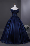 Beading A Line Off The Shoulder Navy Satin Prom Dress