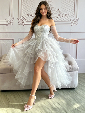 Silver High Low Tulle Sparkle Strapless Long Sleeve Homecoming Dress